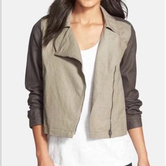 Eileen Fisher 100% Organic Linen Waxed Moto Jacket Asymmetrical Zip Tan Gray XS - Picture 1 of 14
